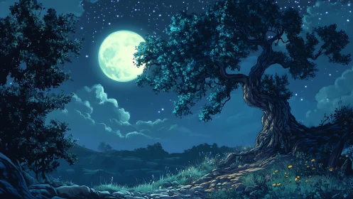 Lunar backlit oak under high-contrast nocturnal skyscape.