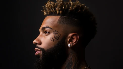 Profile portrait of stylish man with tattoo and fade haircut.