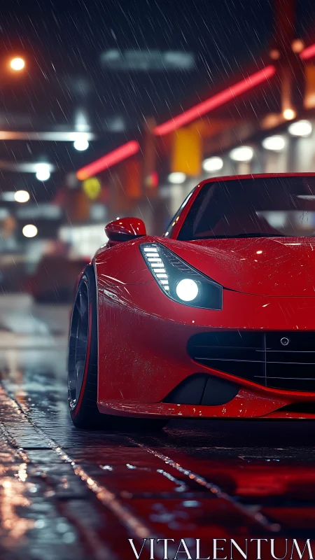 Sleek red sports car glowing under rainy city lights.