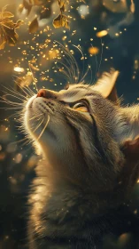 Golden Feline Reverie: Luminescent Botanical Whispers. Digital Rendering.