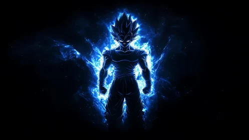Silhouetted energy warrior stands in blue electric aura