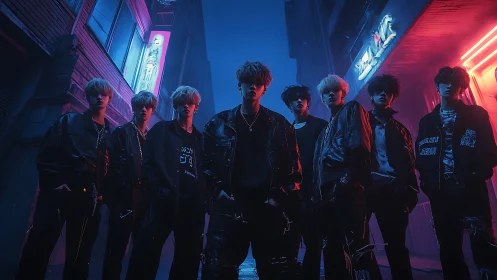 Neon-lit street crew stand under blue red cyberpunk glow.