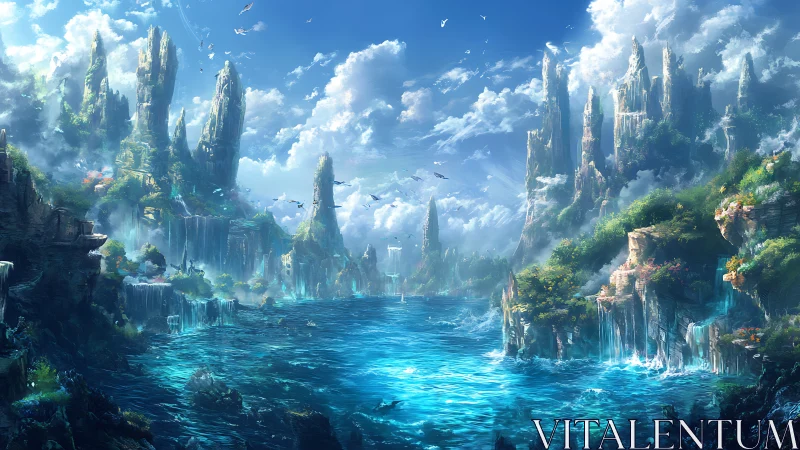 Mythic ocean valley holds luminous waterfalls and spires