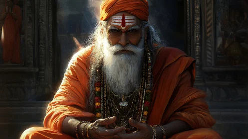 Elderly ascetic in saffron robes under dramatic directional lighting