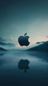 Minimal logo over misty lake with reflective symmetry.