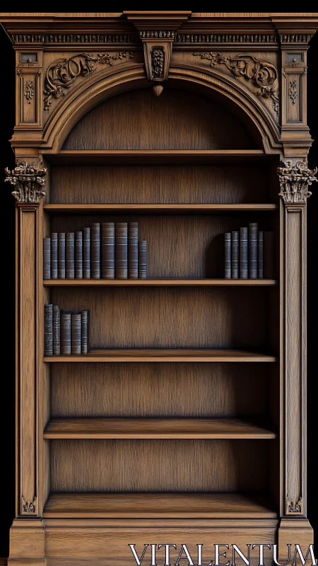 Ornate carved oak bookshelf with sparse leather-bound volumes