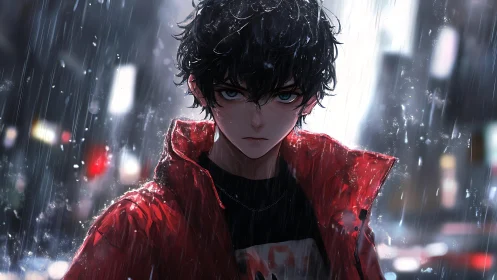 Rain-soaked anime portrait with neon urban depth of field.