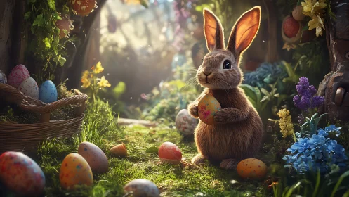 Woodland bunny cradles painted eggs in enchanted spring glade.