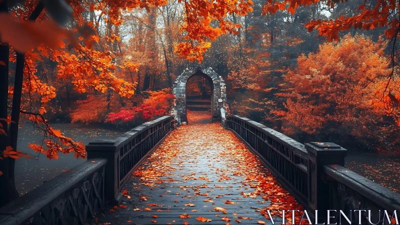 Autumn bridge gateway glows like a secret portal of fire.