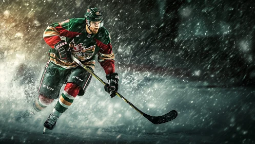 Ice hockey player advances with stick through dense snowfall