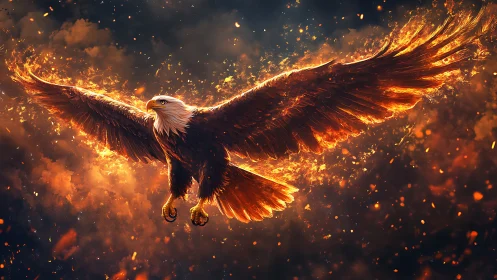 Majestic Bald Eagle Soaring with Fiery Wings in Dramatic Digital Art.