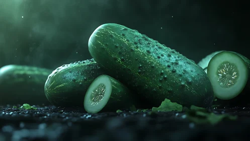 Macro render of dewy cucumbers under cinematic low key lighting