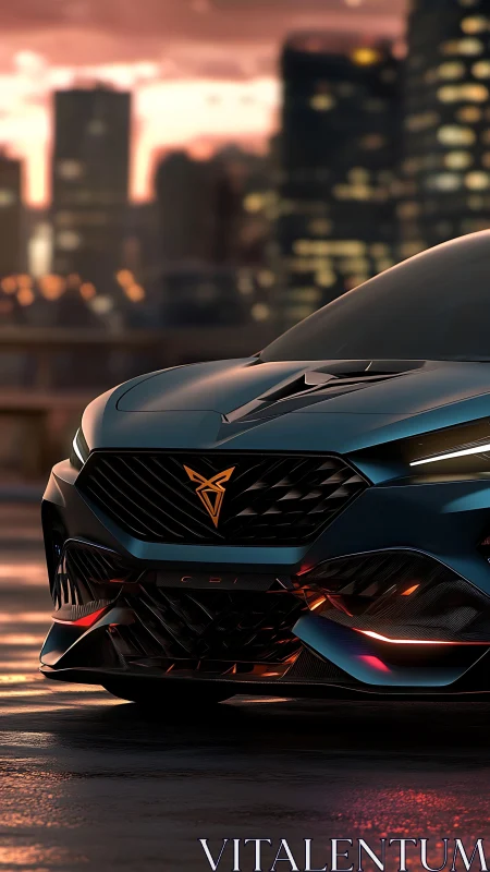 Electric teal concept car at sunset on wet city street.