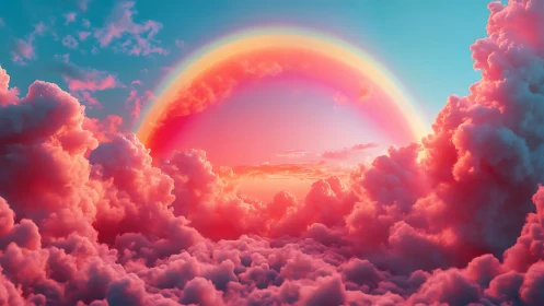 Radiant pastel rainbow glows above dreamy cotton clouds