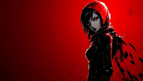 Crimson hooded warrior stands bold against a burning red sky