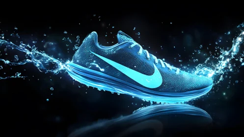 Futuristic neon blue running shoe with water splash effect, digital style.