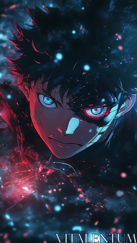 Battle-hardened anime warrior glares through fractured neon haze