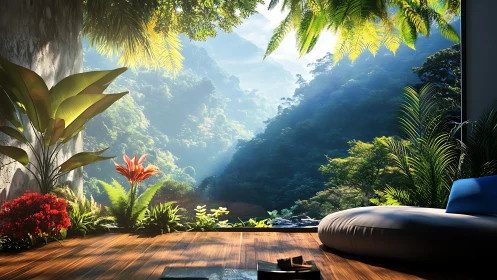 Sunlit jungle lounge dissolves walls into misty valley calm.