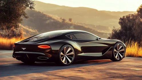 Photorealistic grand tourer concept in golden hour setting.