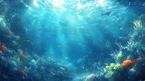Sunlit underwater reef with luminous coral and drifting fish.