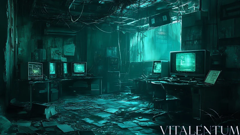 Abandoned cyberpunk control room glows with eerie teal light