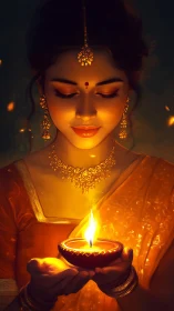 Luminous diya guardian in saffron silence and golden calm.