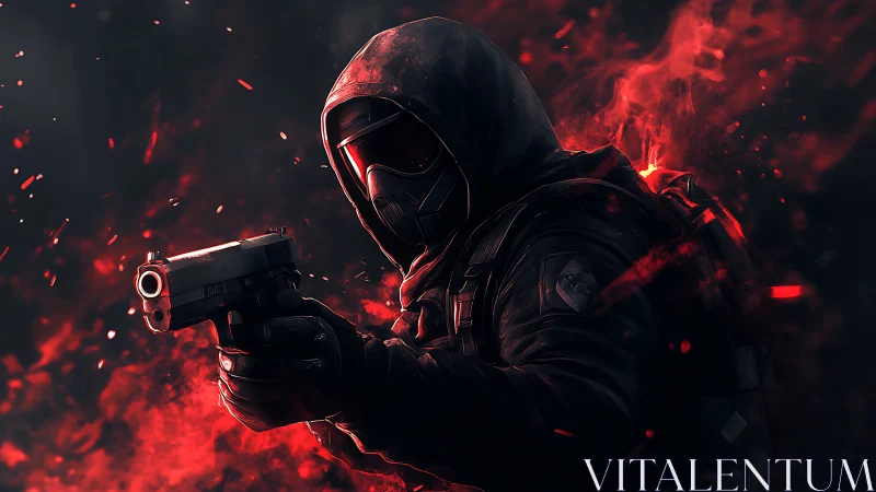 Digital painting of tactical gunner in red particulate flare.