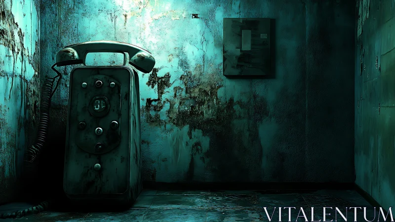 Decaying teal payphone dominates corroded concrete chamber.