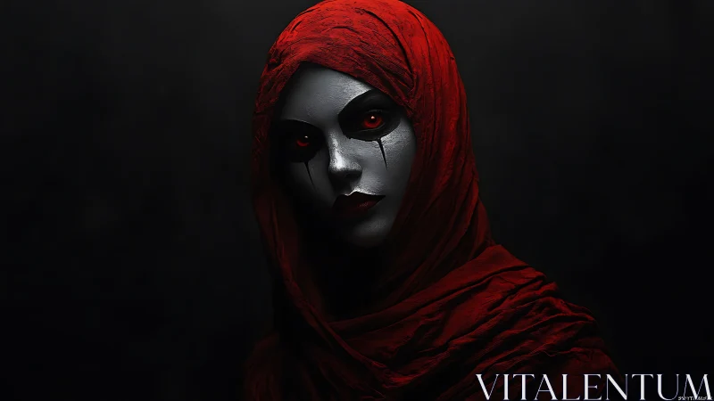 Crimson-veiled spectral portrait with silver masked visage.