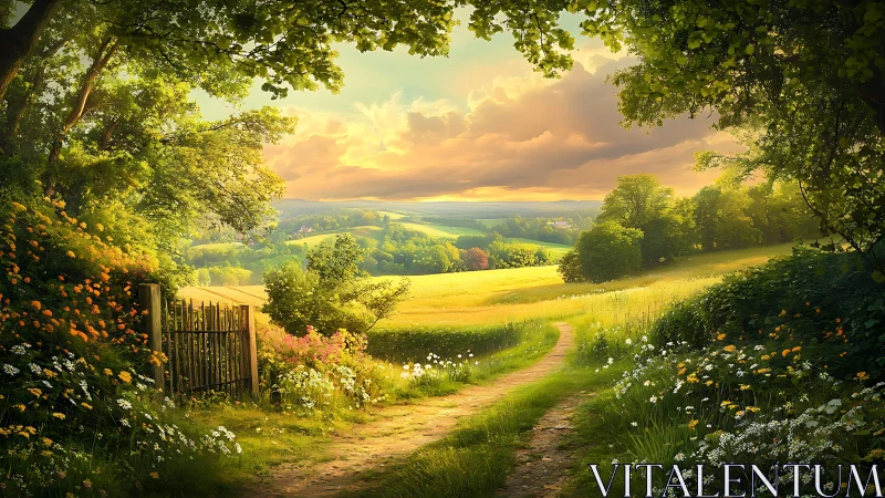 Sunlit country path through wildflower meadow landscape.