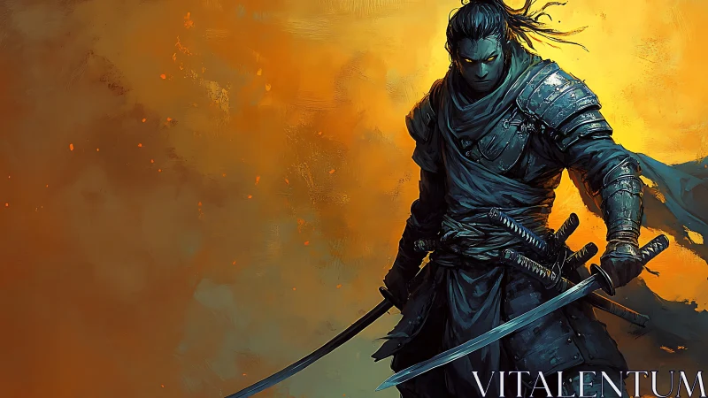 Armored swordsman stands before a glowing orange backdrop