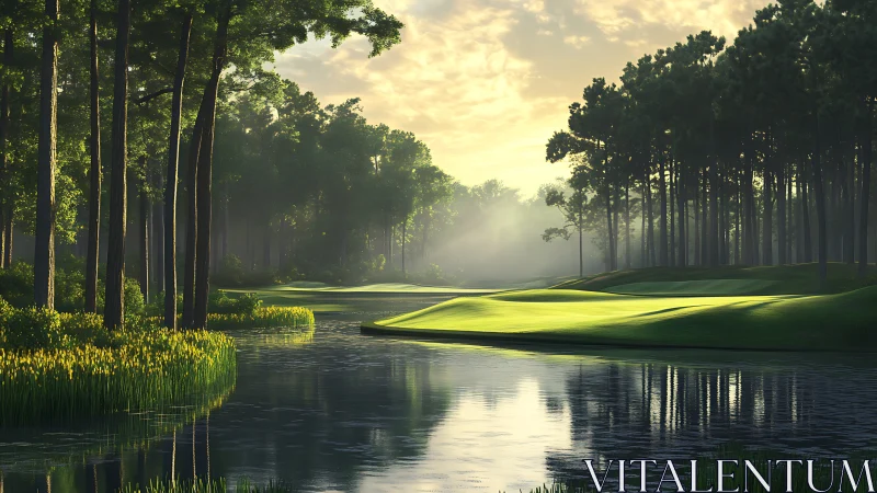 Sunlit forest golf fairway beside reflective waterway.