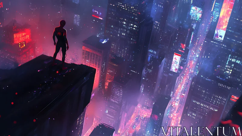 Cyberpunk vigilante on neon megacity rooftop, wide perspective.