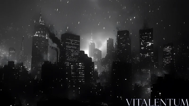 Noir city skyline glows through dense industrial storm