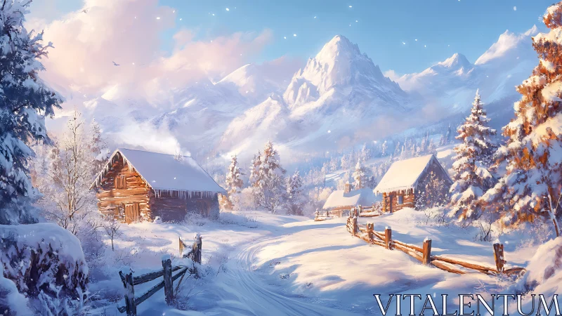 Snow covered log cabins along a rural mountain valley road.