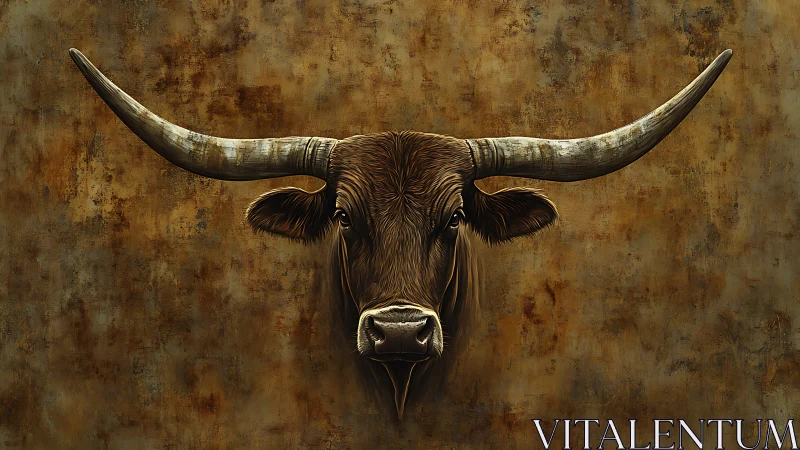 Steady longhorn portrait glowing against rustic golden browns.