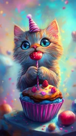 Whimsical Cat Perched on Rainbow Frosting Cupcake Tower.