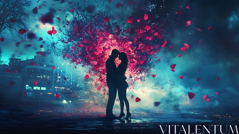 Urban Romance: Silhouetted Couple Beneath Exploding Hearts
