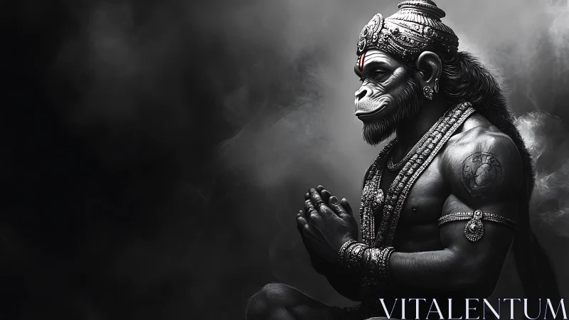 Monochrome simian deity portrait in meditative side profile.