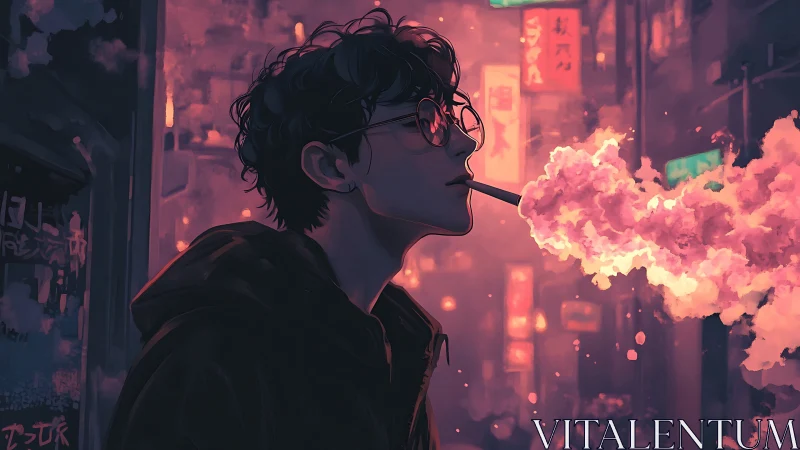 Young smoker exhales neon clouds in moody cyberpunk alley