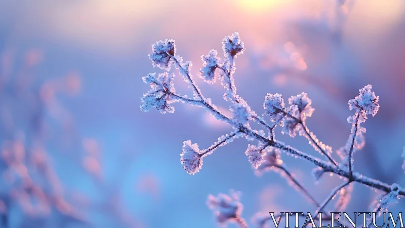 Frosted winter branches under soft pastel sunrise glow.