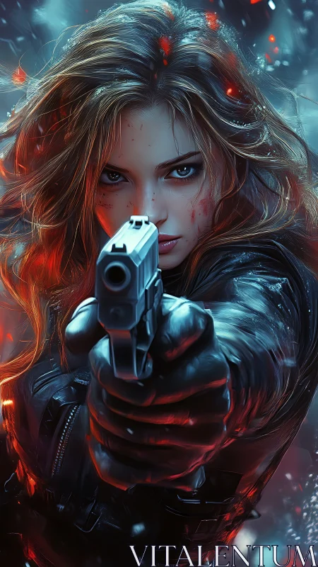 Female gun wielder in close frontal view, digital scene.