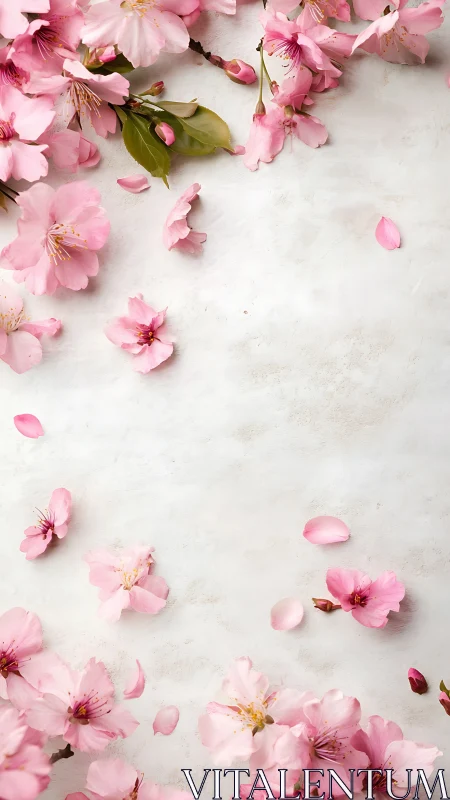 Pink Cherry Blossoms Scattered on Marble Surface.