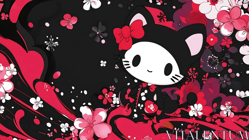 Chibi black cat character amid stylized red and white blossoms
