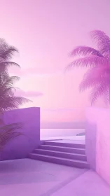 Minimal seafront terrace with stairs and palm trees at dusk.