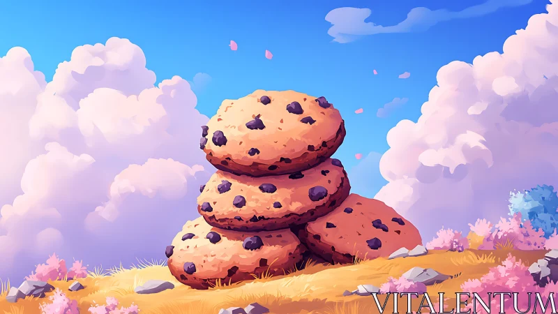 Three Stacked Chocolate Chip Cookies in Dreamlike Sky.