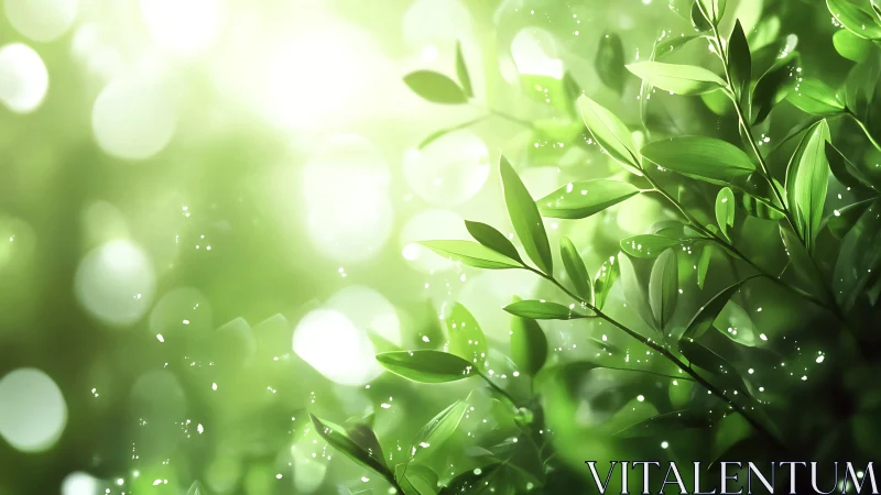 Sunlit green leaves catch glowing particles in soft bokeh