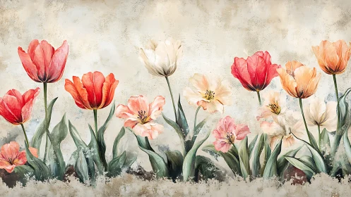 Watercolor Tulips Garden Against Textured Beige Wall