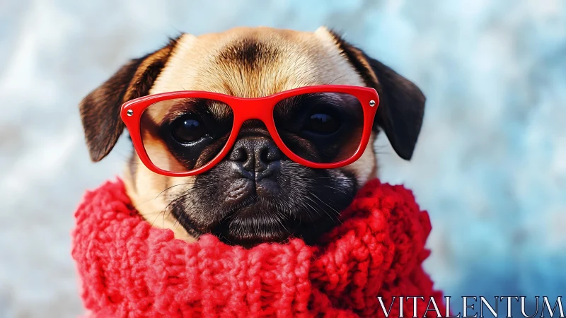 Cozy red-scarf pug in bright glasses posing confidently.