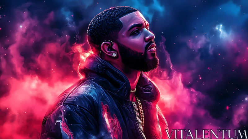 Digital portrait of male figure in neon smoke environment.